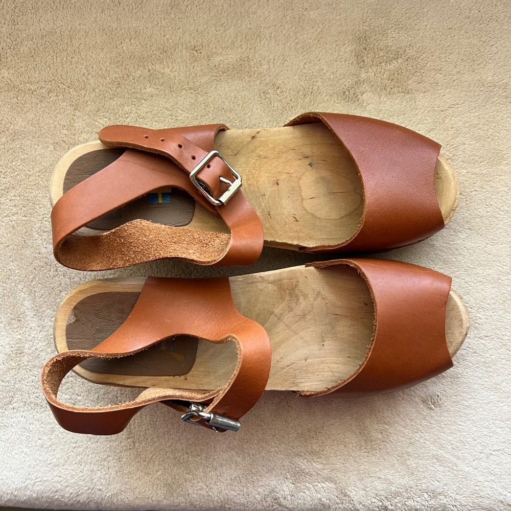 MIA Anja Women 7.5-8 EU 38 Tan Leather Clog Sandals Wooden Platform Ankle Strap - Picture 7 of 16